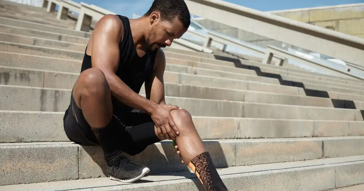 Man sitting on outdoor steps holding his knee in pain