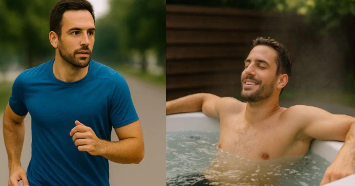 Man jogging outdoors and relaxing in a hot tub