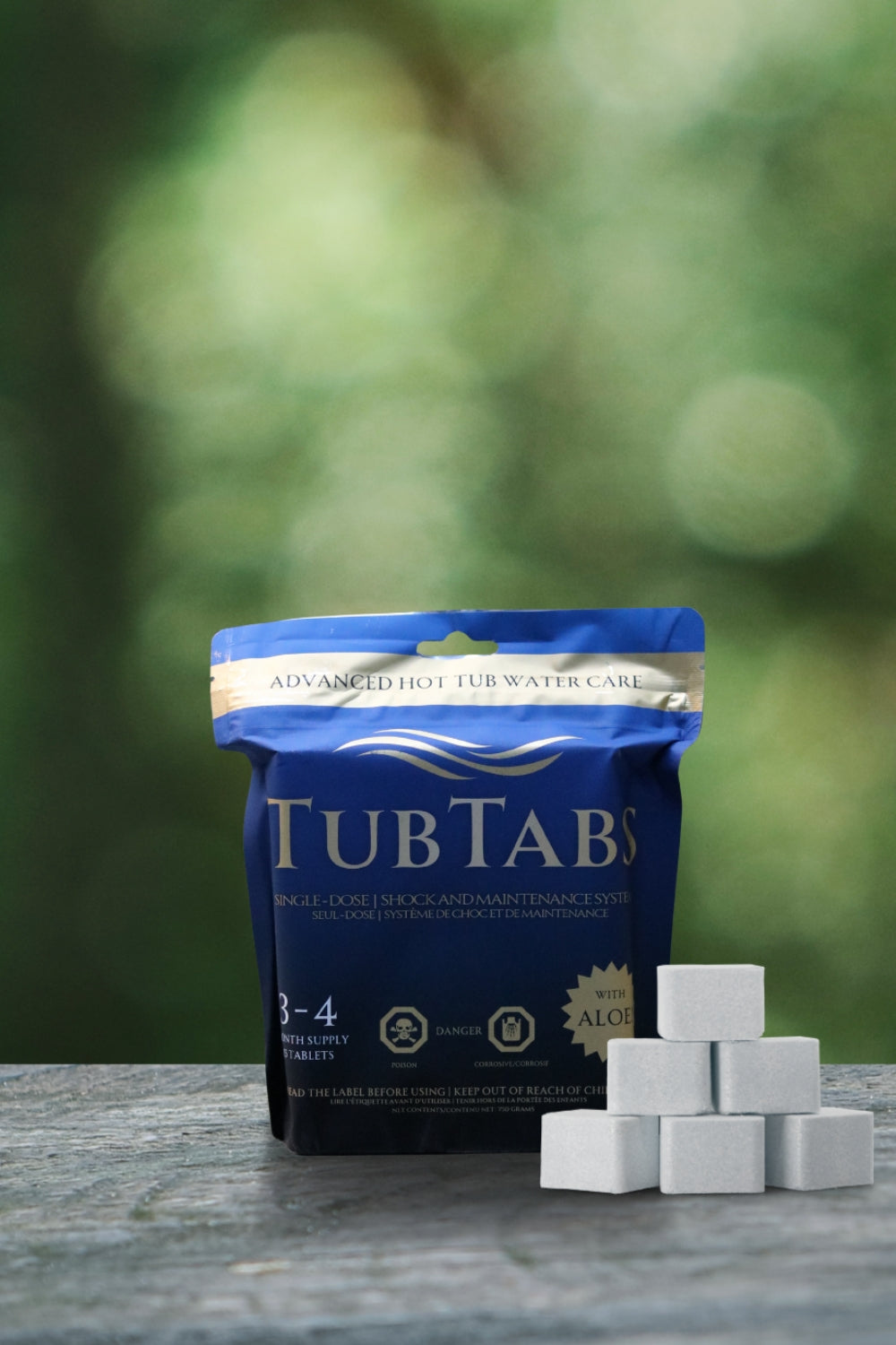 TubTabs hot tub tablet dissolving in water — combines oxidizer, pH balancer, clarifier and anti-foam in one tablet