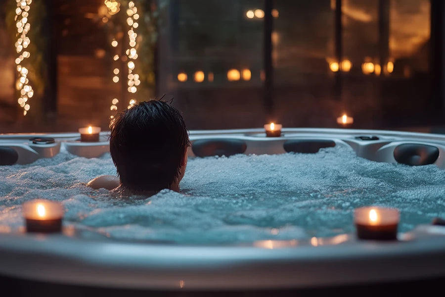 Back view of person soaking in hot tub surrounded by candlelight